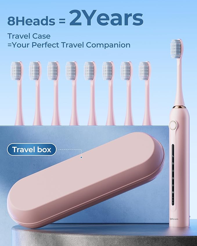 Pink Electric Toothbrushes, with 8 Brush Heads, 1 Travel Toothbrush Case, for Adults and Kid Electric Toothbrush, Long 180-Day Battery Life, 6 Modes, IPX7 Waterproof, Smart 2-Minute Timer.