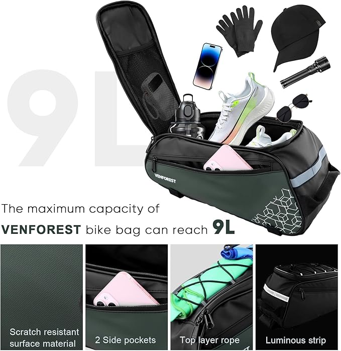 Bike Rear Rack Bag,9L PVC Waterproof Bike Trunk Bag for Road and Mountain Bikes,Bicycle Rear Seat Bag with Rain Cover Bike Saddle Bag for Cycling Trip (Brown green)-StrideForce Fitness