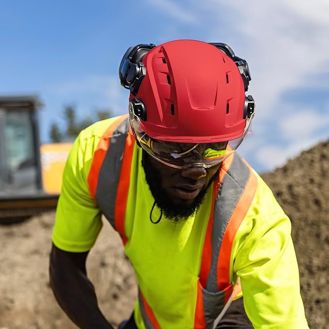 GE Safety Helmet, Impact Absorbing Tech, Adjustable Ratchet, ANSI Type 1, Memory Foam Padding, Hard Hats Protection, Lightweight, Durable, Chin Strap, Comfortable Fit OSHA Approved-StrideForce Fitness