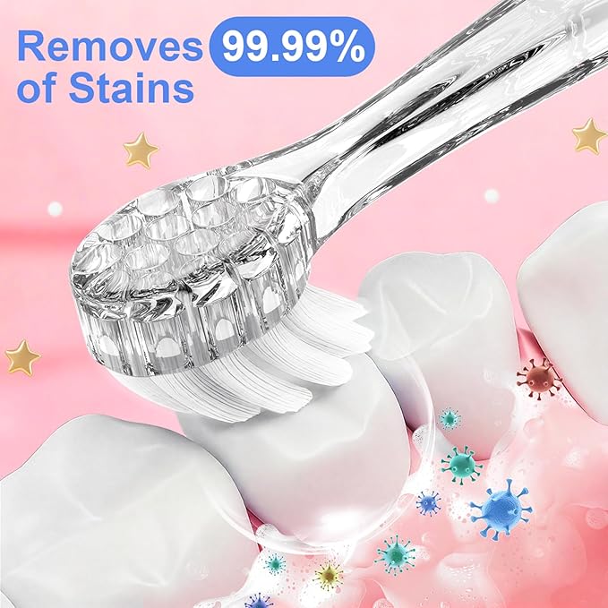 YUNCHI Toddler Electric Toothbrush Kids 0-3-6 Years, Baby Electric Toothbrush with Colorful LED Light, Battery Powered Toddler Toothbrush with 2 Minutes Timer 4 Brush Heads, Infant Toothbrush (Pink)