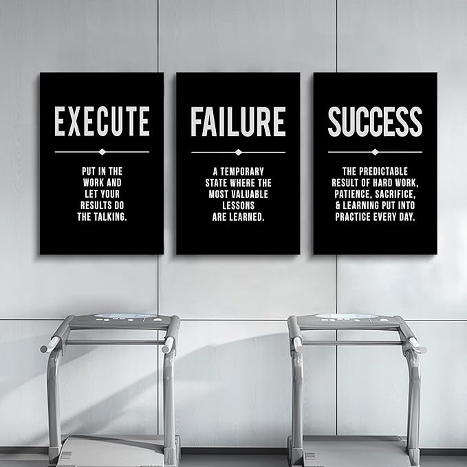 Framed Canvas Wall Art Success Quote, Office Wall Art, Black Large Poster, Positive Motivational Set of 3 Prints, Execute Failure Definition, Inspirational Print (A-3pcs,20x30inchx3pcs)-StrideForce Fitness