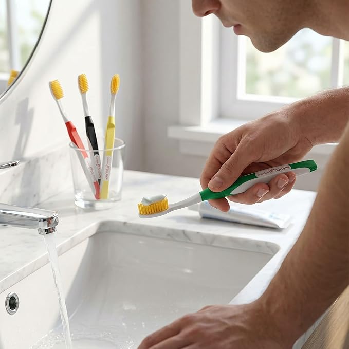 Dolphin Gold [4 Packs] Extra Soft Toothbrush Manual Long Flossing Bristle, Ultra Clean Toothbrush, Good for Sensitive Teeth and Gums (Yellow, Gold 4 Packs)