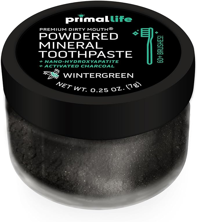 Primal Life Organics - Dirty Mouth Toothpowder, Activated Charcoal Tooth Cleaning Powder, Essential Oils Natural Kaolin Bentonite Clay, 60+ Brushings, Organic Vegan (Charcoal Wintergreen, 0.25 oz)