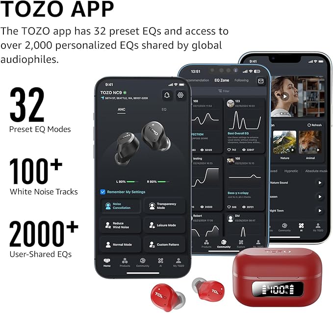 TOZO NC9 Hybrid Active Noise Cancelling Wireless Earbuds, 6 Mics ENC Clear Call, IPX8 Waterproof, in Ear Bluetooth 5.3 Headphones Stereo Bass Ear Buds 59H Playtime with LED Display 32 EQs via APP-StrideForce Fitness