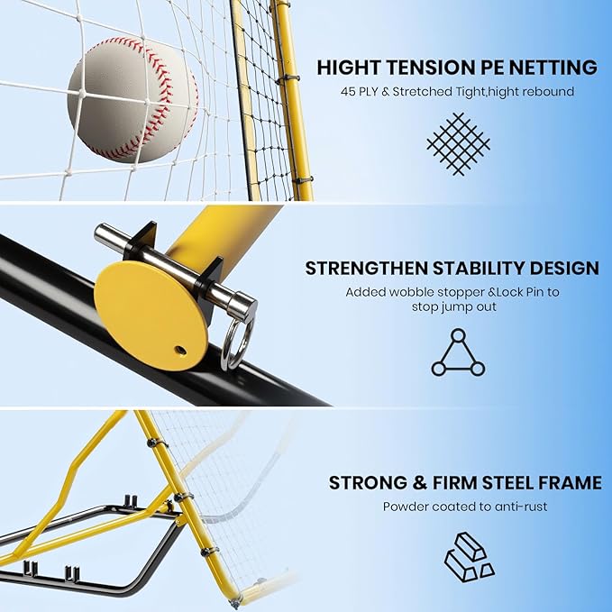 Baseball Rebounder Net,4x4.5FT Multi-Sport Pitch Back Rebounder Steel Frame with 4 Adjustable Angles, 40pcs Bungees Soccer, Volleyball&Lacrosse Trainer for Solo Fielding,Pitching and Reflex Training-StrideForce Fitness