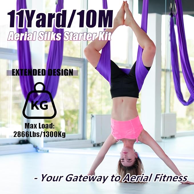 Aerial Silks Kit & Aerial Yoga Hammock - 11Yd Premium Fabric Hardware - Easy Setup for Flying Yoga, Aerial Swing & Fitness - Supports Up to 14ft Rigging-StrideForce Fitness