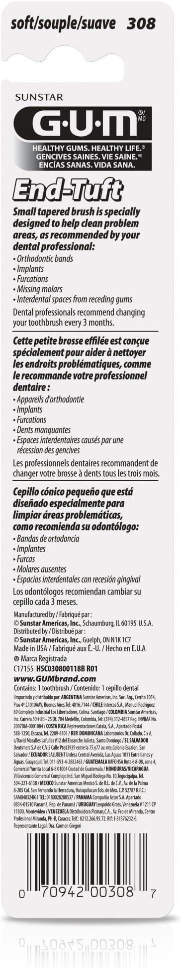 GUM End Tuft Toothbrush - Extra Small Head for Hard-to-Reach Areas - Implants, Back Teeth, and Wisdom Teeth - Soft Dental Brush for Adults, 1 Count(Pack of 6)