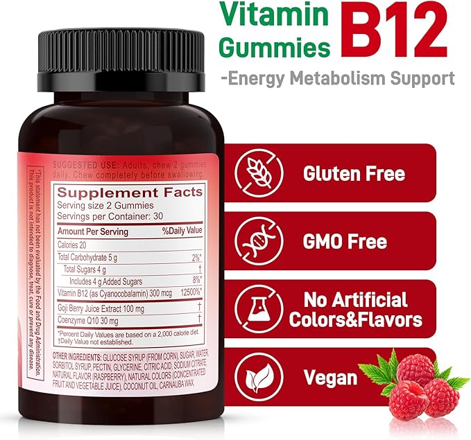 Natural Energy Gummies with Vitamin B12, Goji, CoQ10, Energy Support & Metabolism Support Chewable Supplement,GMO Free, Gluten Free (Raspberry, 60 Count)-StrideForce Fitness