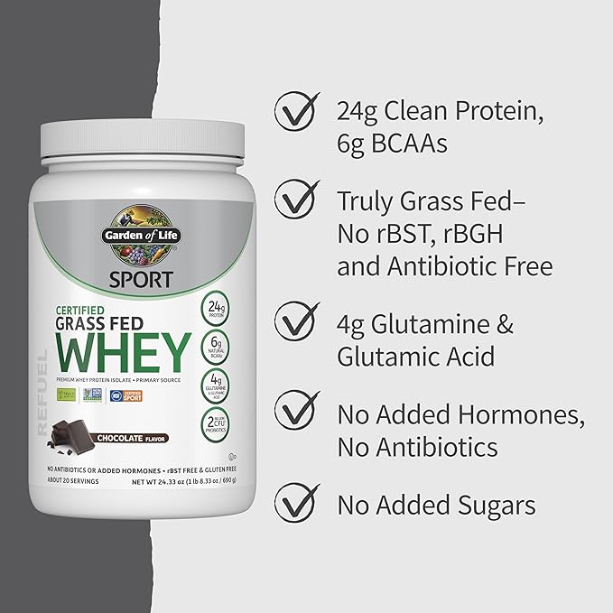 Garden of Life Sport Whey Protein Powder Chocolate, Premium Grass Fed Whey Protein Isolate Plus Probiotics for Immune System Health, 24g Protein, Non GMO, Gluten Free, Cold Processed - 20 Servings-StrideForce Fitness