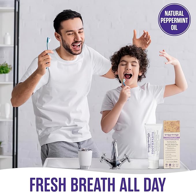 SprinJene Fluoride Free Toothpaste - Patented Natural Toothpaste with Black Seed Oil & Zinc - Made in The USA - Vegan Non Fluoride for Fresh Breath Preservative Free (1 Pack)