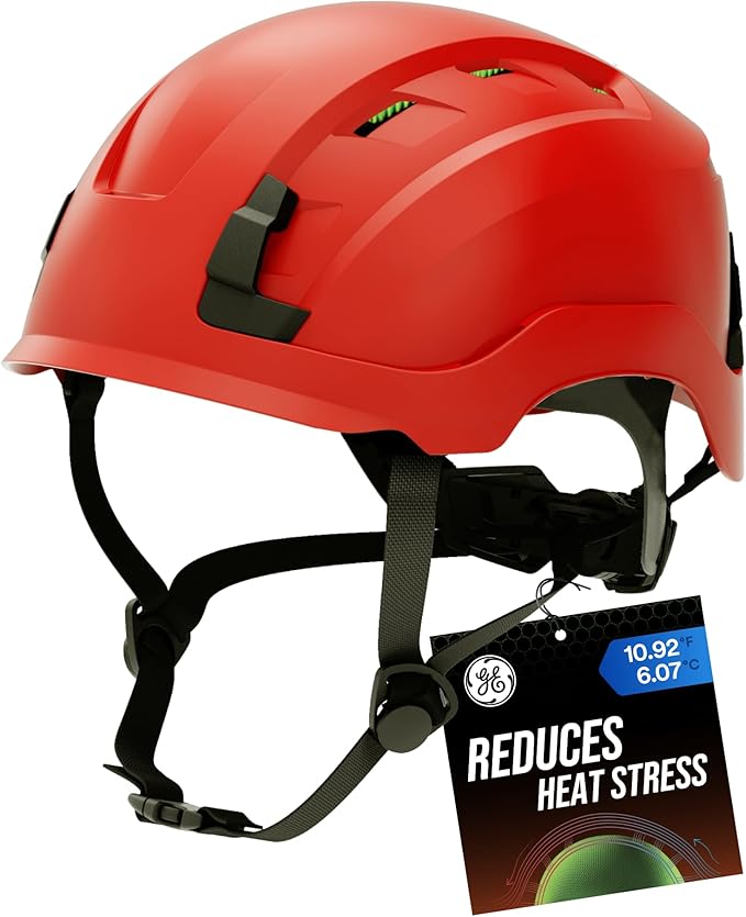 GE Safety Helmet, Impact Absorbing Tech, Adjustable Ratchet, ANSI Type 1, Memory Foam Padding, Hard Hats Protection, Lightweight, Durable, Chin Strap, Comfortable Fit OSHA Approved-StrideForce Fitness