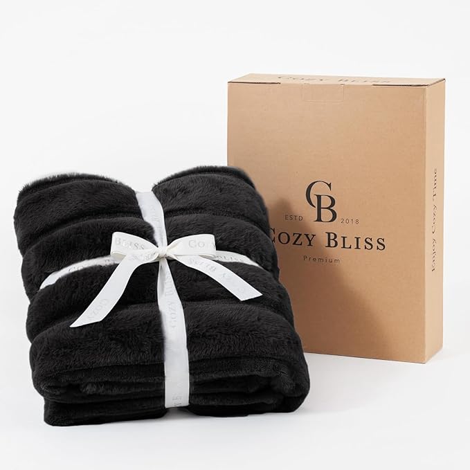 Cozy Bliss Faux Fur Throw Blanket for Couch, Cozy Warm Plush Striped Blanket for Sofa Bedroom Living Room, Black-StrideForce Fitness