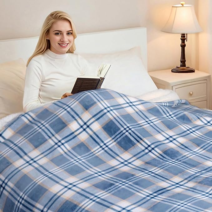 PU MEI Sherpa Blanket Queen Plaid Thick Bed Blanket, 80”*90” Super Soft Flannel Fuzzy Fleece Reversible Velvet Plush Warm Blanket for Couch (Blue White Check)-StrideForce Fitness