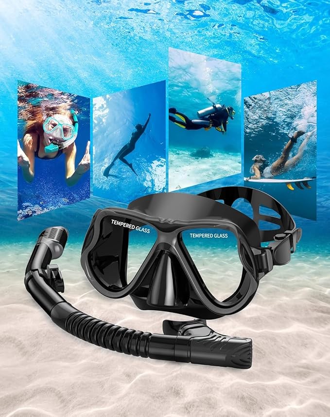 Greatever Dry Snorkel Set,Panoramic Wide View,Anti-Fog Scuba Diving Mask,Professional Snorkeling Gear-StrideForce Fitness