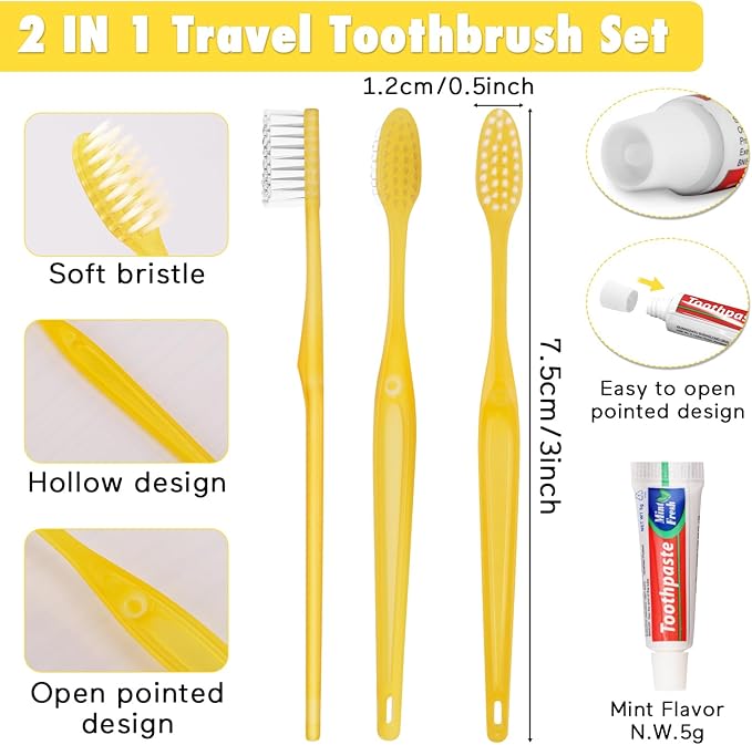 HOFASON Disposable Toothbrushes with Toothpaste Pack of 200, Bulk Travel Toothpaste and Toothbrush Set Yellow Hollow Toothbrush 5g Tooth Paste Individually Wrapped for Homeless Shelter Charity Hotel