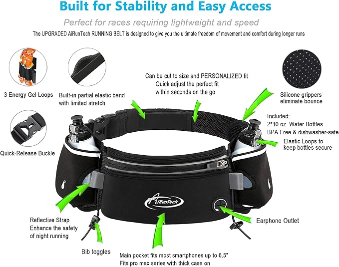 AiRunTech Hydration Running Belt with Water Bottle, Running Fanny Pack for Phone and Wallet Holder, Running Bag Runners Essentials Accessories Marathon Triathlon Walking Jogging Gear Gift-StrideForce Fitness