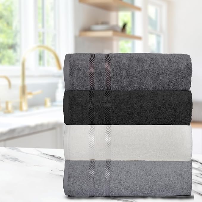CASA COPENHAGEN Ember, 500 GSM, 27x55 Inches Large Bath Towels, Set of 4 Towels, Super Soft and Absorbent, Egyptian Cotton Towels for Bathroom & Shower - Light Grey +White +Black +Dark Grey-StrideForce Fitness
