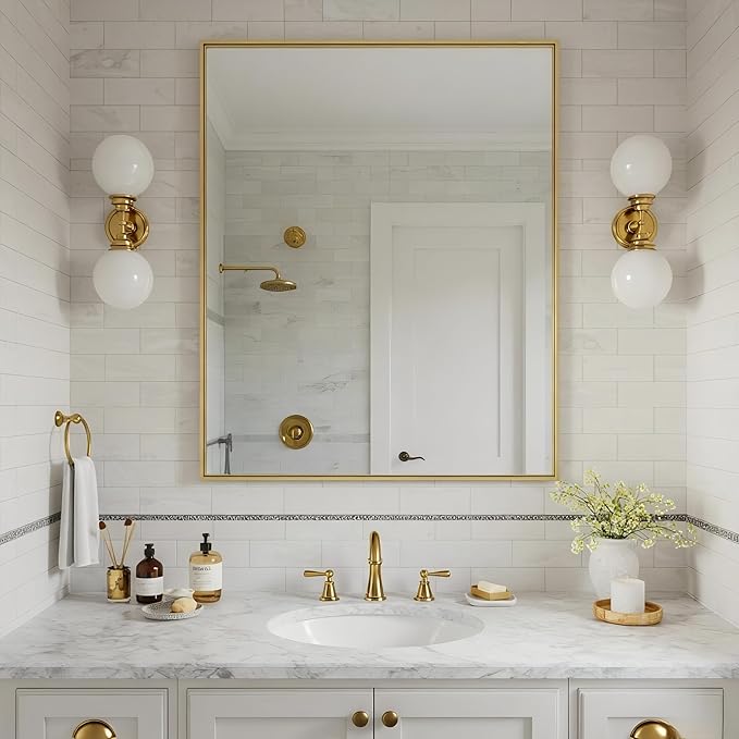 24x30 Inch Brass Bathroom Mirror for Wall, Aluminum Frame Rectangle Rectangular Vanity Mirror, Modern Large for Bedroom, Living Room, Horizontal or Vertical-StrideForce Fitness
