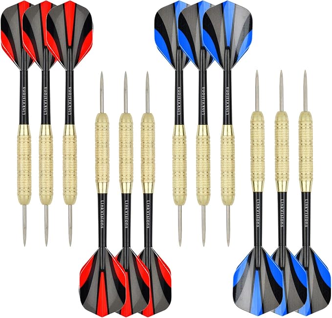 LinkVisions Dartboard with Staple-Free Bullseye, 18g Steel Tip Darts Set,12 Steel Tip Darts 18g, Dartboard Mounting Kits Included-StrideForce Fitness