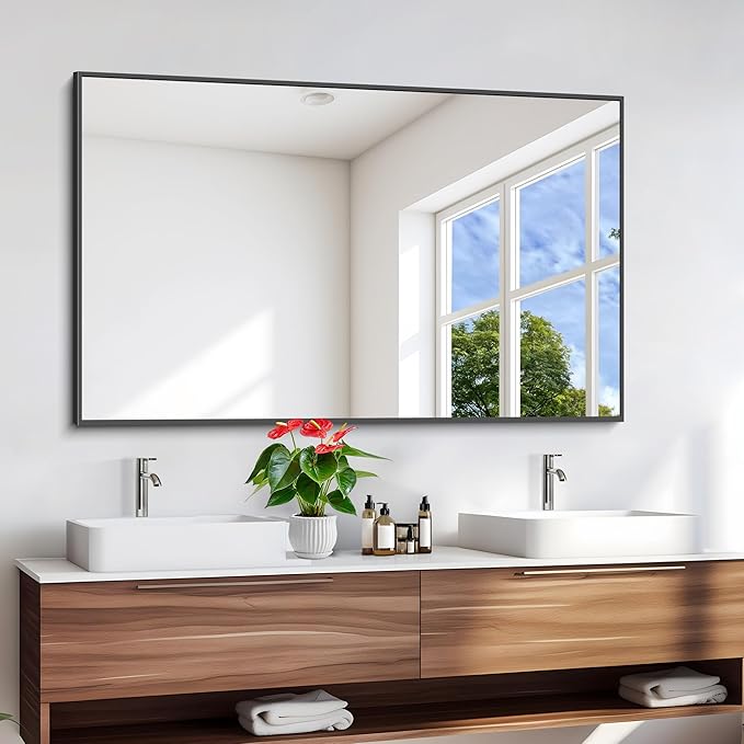 Black Bathroom Mirror for Wall, 55x36 Inch Rectangle Mirrors with Metal Frame, Modern Vanity Wall Mirror Decor for Entryway Hangs, Bathroom Living Room Horizontal or Vertical-StrideForce Fitness