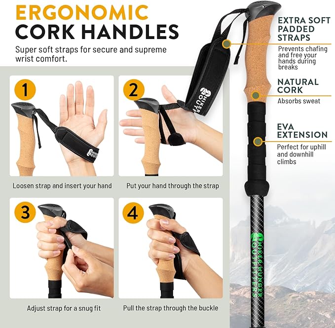 100% Carbon Fiber Trekking Poles by USA Brand - Ultra Strong Lightweight Collapsible Hiking Poles with Cork and EVA Foam Grips & Quick Adjustable Flip Locks-StrideForce Fitness