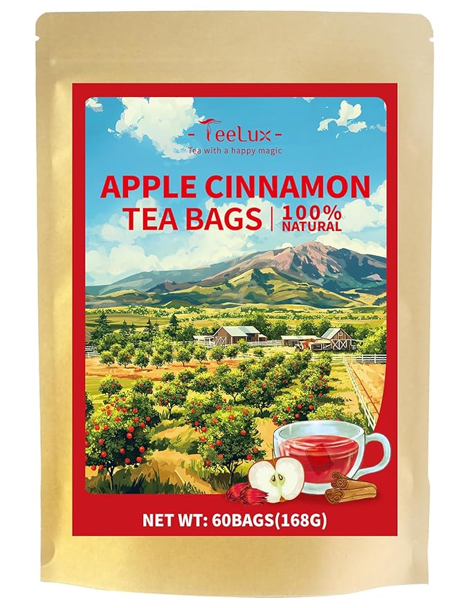 TeeLux Cinnamon Apple Tea Bags, 2.8g/bag, Cinnamon with Hibiscus Herbal Tea, Sweet & Tart & Slightly Spicy, Caffeine Free, 60 Count