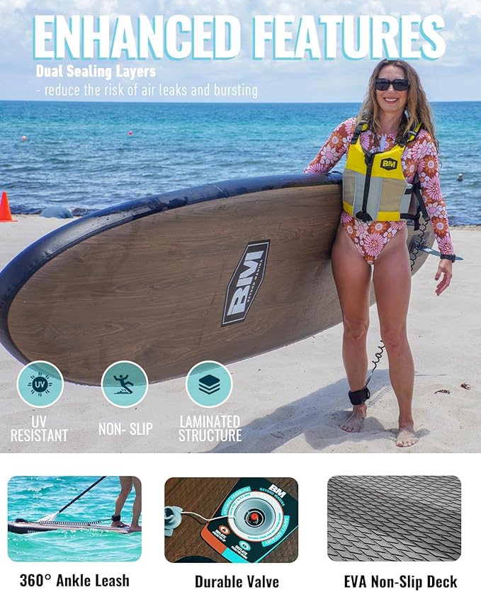 BM Paddle Board Inflatable Stand Up Paddle Board, SUP Paddleboard for Adult, Premium Accessories | Non-Slip EVA Deck & Foam Handles, Camera Mount, Double Action Pump, 85L Travel Backpack-StrideForce Fitness