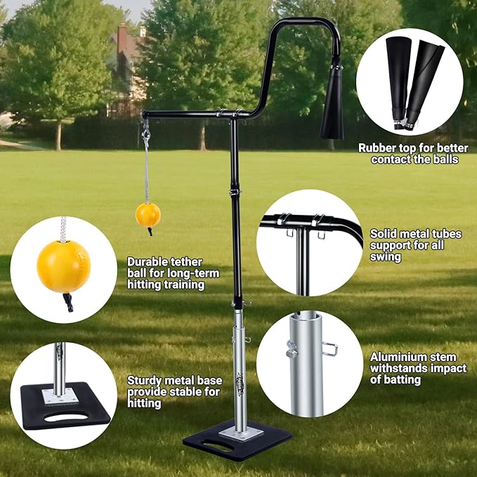 3-In-1 Baseball Softball Batting Tee,5 Hitting Modes To Choose,Auto Reset Baseball Swing Trainner With Tethered Ball,Handrolled Rubber Top,Weighted Base,Height Adjustable Hitting Tee For All Players-StrideForce Fitness