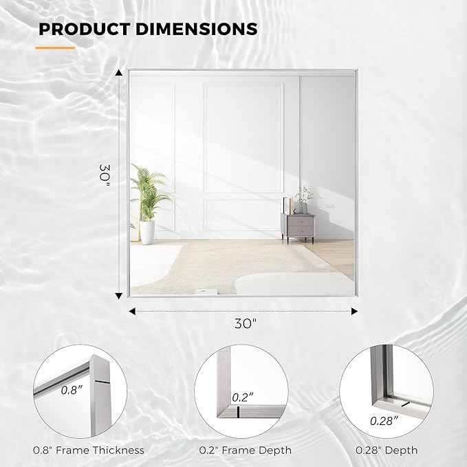 30x30 Inch Nickel Bathroom Mirror for Wall, Aluminum Frame Rectangle Rectangular Vanity Mirror, Modern Large for Bedroom, Living Room, Horizontal or Vertical-StrideForce Fitness