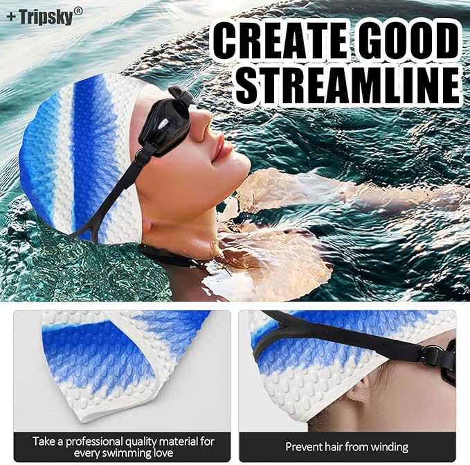 Tripsky Silicone Swim Cap,Comfortable Bathing Cap Ideal for Curly Short Medium Long Hair, Swimming Cap for Women and Men, Shower Caps Keep Hairstyle Unchanged…-StrideForce Fitness
