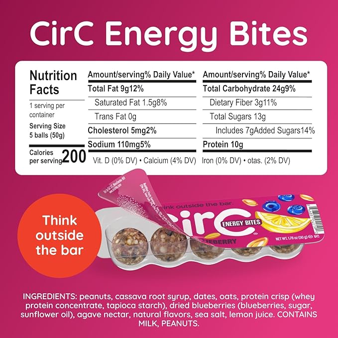 CirC Energy Bites - 12 Pack Lemon Blueberry Gluten Free Protein Balls - 10g Protein, Whole Grains, Nuts & Fruit - Portable Healthy Snacks for Adults & Kids, 5 Piece Resealable Packs-StrideForce Fitness