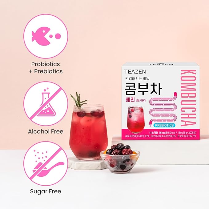 TEAZEN Berry Kombucha Tea, Hydration Drink Mix, Sugar Free, Live Probiotics & Prebiotics, 30 Sticks, 5.29oz-StrideForce Fitness