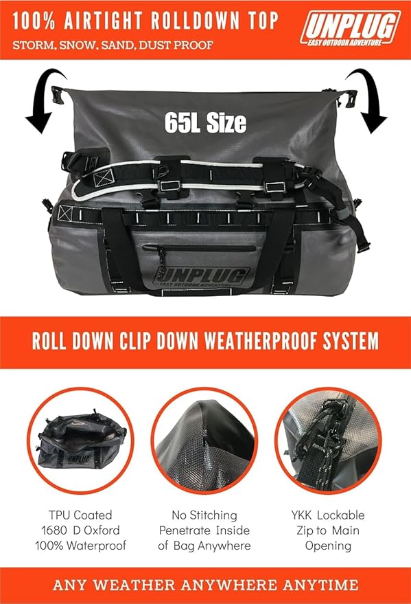 UNPLUG Ultimate Adventure Bag | 1680D Heavy Duty Waterproof Bag | Large Travel Duffle Bag which can be Used for Camping, Motorcycling, Boating, or Hunting-StrideForce Fitness