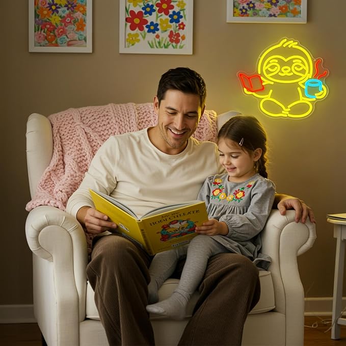 Sloth Neon Sign,Classroom Neon SIign,Neon Sign for Classroom,LED Light Up Reading Coffee Sign for Bedroom,Living Room,Home Office,Kids Room,Cute Animal Neon Wall Art for Book Lovers-StrideForce Fitness