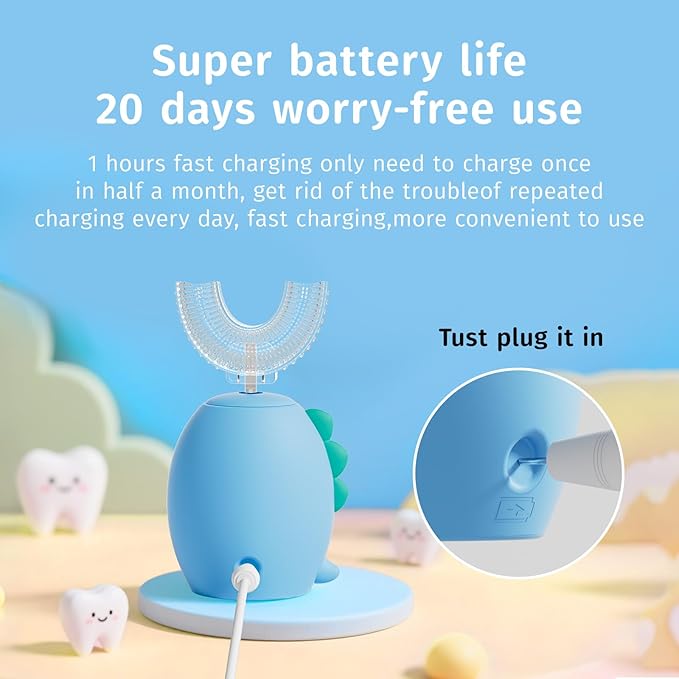 Kids U Shaped Electric Toothbrush，auto Sonic Baby Toothbrush，Cartoon Dinosaur 360-Degree Cleaning IPX7 Waterproof Design（8-15y）