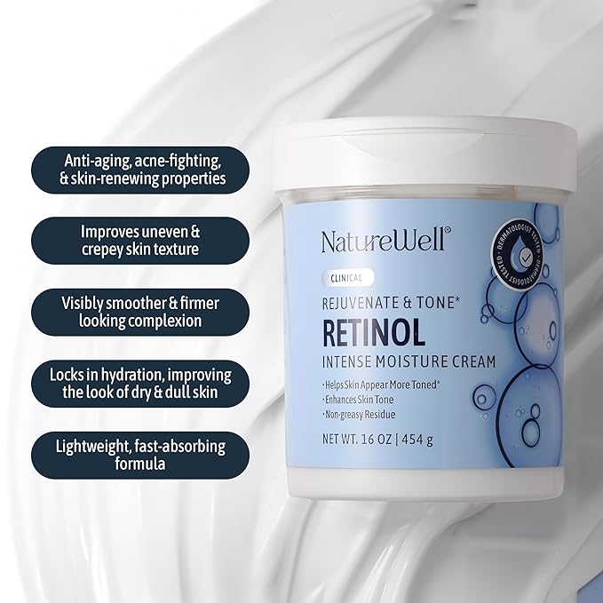 NATURE WELL Clinical Rejuvenate & Tone Retinol Intense Moisture Cream for Face, Body, & Hands, Anti-Aging, Targets Discoloration, Wrinkles, Sun Damage, Crepey, & Sagging Skin, 16 Oz-StrideForce Fitness