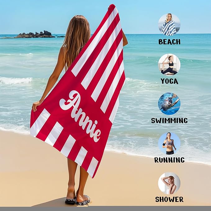 JML Personalized Beach Towel with Name, Custom Cabana Stripe Beach Towel, Customized Microfiber Pool Towel, Quick Dry & Absorbent Swim Towel for Adult,Mother's Day, Birthday, Summer Holiday,Vacation-StrideForce Fitness