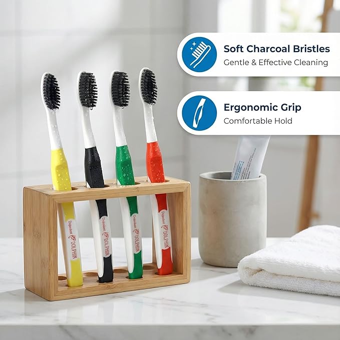 Dolphin Charcoal Toothbrush Extra Soft Bristle Manual Soft Long Flossing, Ultra Clean Toothbrush, Good for Sensitive Teeth and Gums (Black, Charcoal 4 Packs)
