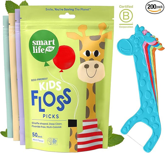 SmartLifeco Eco-Friendly Kids Flossers (200ct) - Dental Floss Picks for Children Made with Straw Wheat, Fluoride & PFA Free, Toothpick Flossing Sticks for Toddler Teeth, No Shred Thread, Mint