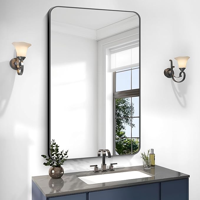 30x48 inch Bathroom Mirror,Black Rectangle Mirror,Wall Mounted Bathroom Frame Vanity Mirror with Round Corner for Bedroom Living Room, Entryway Hangs Horizontal or Vertical-StrideForce Fitness