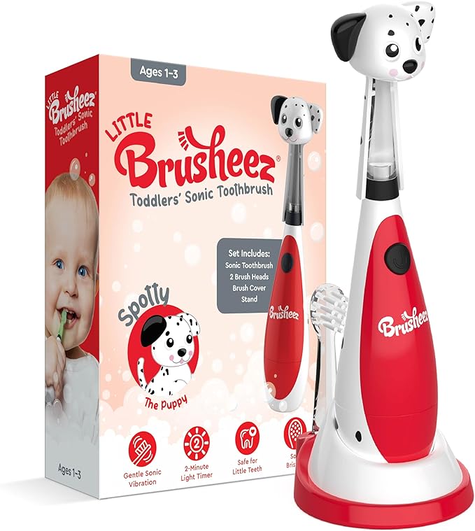 Brusheez Little Toddlers’ Sonic Toothbrush - Safe & Gentle Toothbrush for Ages 1-3 with Built-in, Light-Up 2-Minute Timer, Extra Brush Head, & Storage Base for First-Time Brushers (Spotty The Puppy)