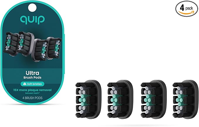 quip Ultra Brush Pod Refill Heads - 4 Pack - Verified quip Brush Head Refills for Sonic Electric Toothbrushes - Soft Bristles, Compact - Last 3 Months Each - Black