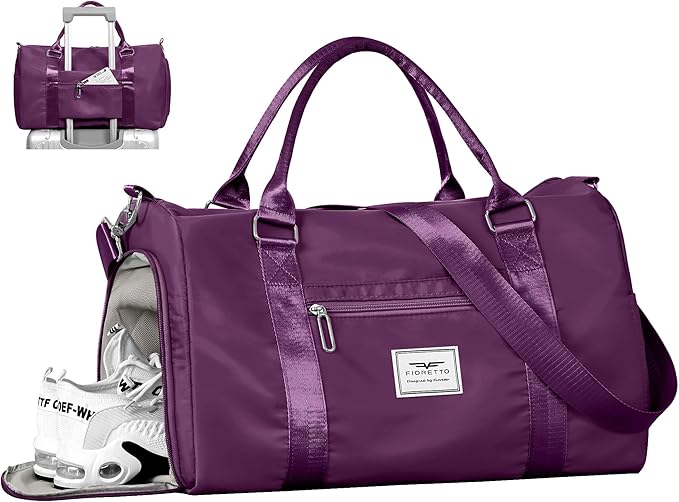 FIORETTO Womens Gym Tote Duffle Bag with Wet Pocket & Shoe Compartment, Sports Duffel Overnight Weekender Hospital Workout Carry on Bag for Girls, Ideal for Travel, Swimming, Dance, Ballet Dark Purple-StrideForce Fitness