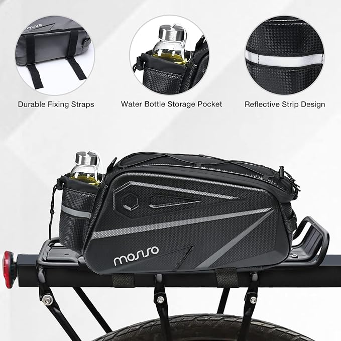 MOSISO Bike Rack Bag, Waterproof Bike Rear Rack Handbag Bicycle Trunk Bag, 14L EVA Mountain Bicycle Rear Seat Storage Saddle Pouch Cycling Luggage Pouch with Shoulder Strap, Black-StrideForce Fitness