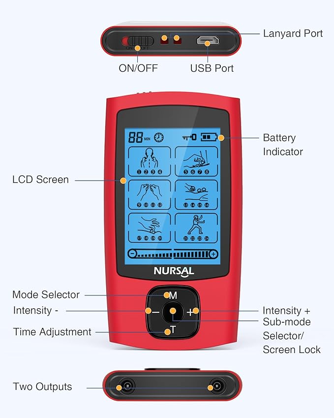 NURSAL 24 Modes TENS Unit Muscle Stimulator, Rechargeable Electronic Pulse Massager with 8 Pads for Back and Shoulder Pain Relief and Muscle Strength (Red)-StrideForce Fitness
