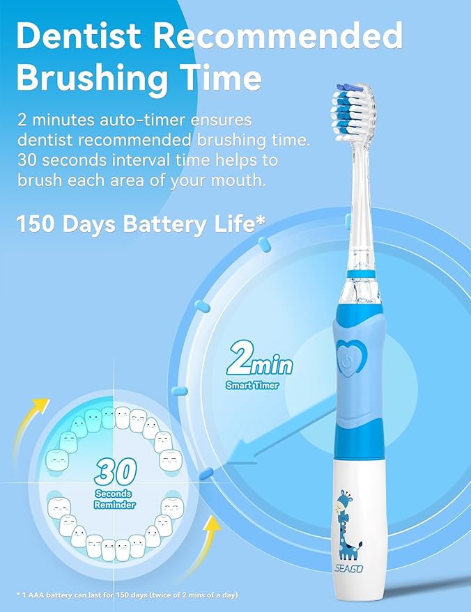 SEAGO Kids Electric Toothbrush with 2 Mins Brushing Timer and 4 Replacement Bursh Heads, Rainbow LED Light Make Brushing Fun, Boys Battery Powerd Toothbrush for 4-12 Years Old，SG-977 (Light Blue)