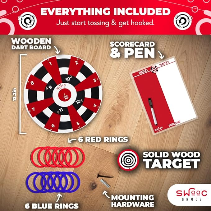 Swooc Games® ‒ Hook Darts Ring Toss Game ‒ Wood Board & Soft Rings ‒ 20+ Games Included for Kids & Adults ‒ Wall Mounted Ring and Hook ‒ Indoor & Outdoor Wall Decor for Game Room, Patio, Garage, Yard-StrideForce Fitness