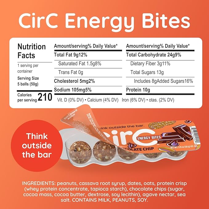 CirC Energy Bites - 12 Pack Peanut Chocolate Chip Gluten Free Protein Balls - 10g Protein, Whole Grains, Nuts & Fruit - Portable Healthy Snacks for Adults & Kids, 5 Piece Resealable Packs-StrideForce Fitness