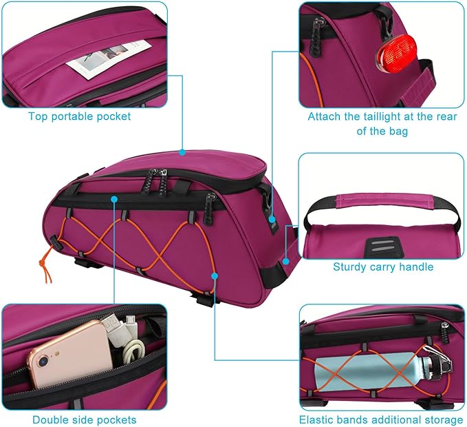 MOSISO Bike Rack Bag with 2 Removable Panniers, Waterproof Bike Trunk Cooler Storage Handbag Insulated Bicycle Rear Seat Pouch, Bicycle Storage Saddle Shoulder Bag Cycling Luggage Pouch, Rose Red-StrideForce Fitness