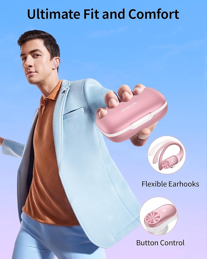 PocBuds Bluetooth Headphones Wireless Earbuds 80hrs Playtime Wireless Charging Case Digital Display Sport Ear Buds with Earhook Deep Bass IPX7 Waterproof Over-Ear Earphones for Phone Laptop Rose Gold-StrideForce Fitness
